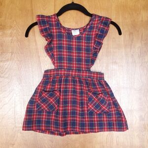 Vintage 80s Jumper Overall Dress Girls 6 Red Blue Plaid Wool Blend Ruffle